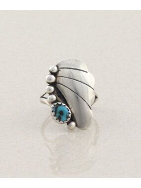 Sterling Silver Natural Turquoise Feather Design Ring Size 6 1/2